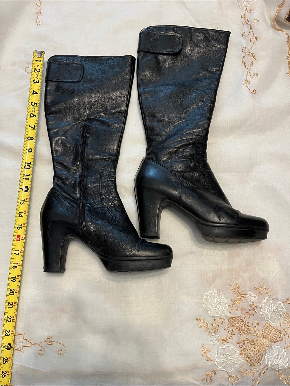 Kenneth Cole Black Leather High-Heel Mid-Calf Platform Boots